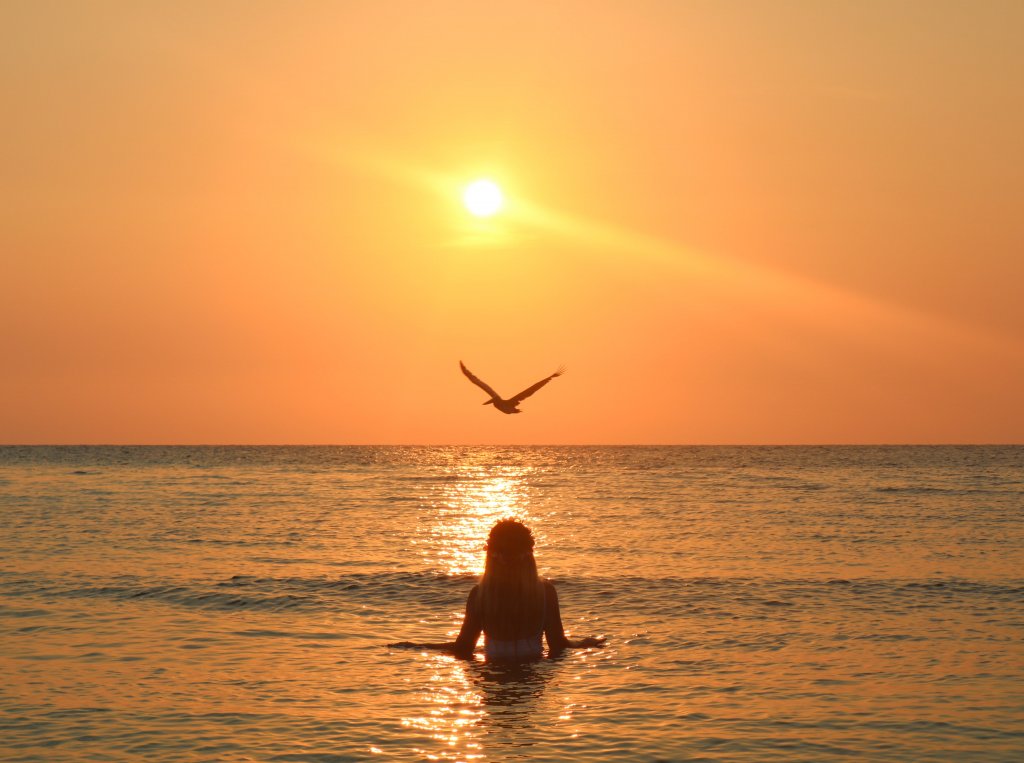 Coucher de soleil pélican Ranguana Caye Belize